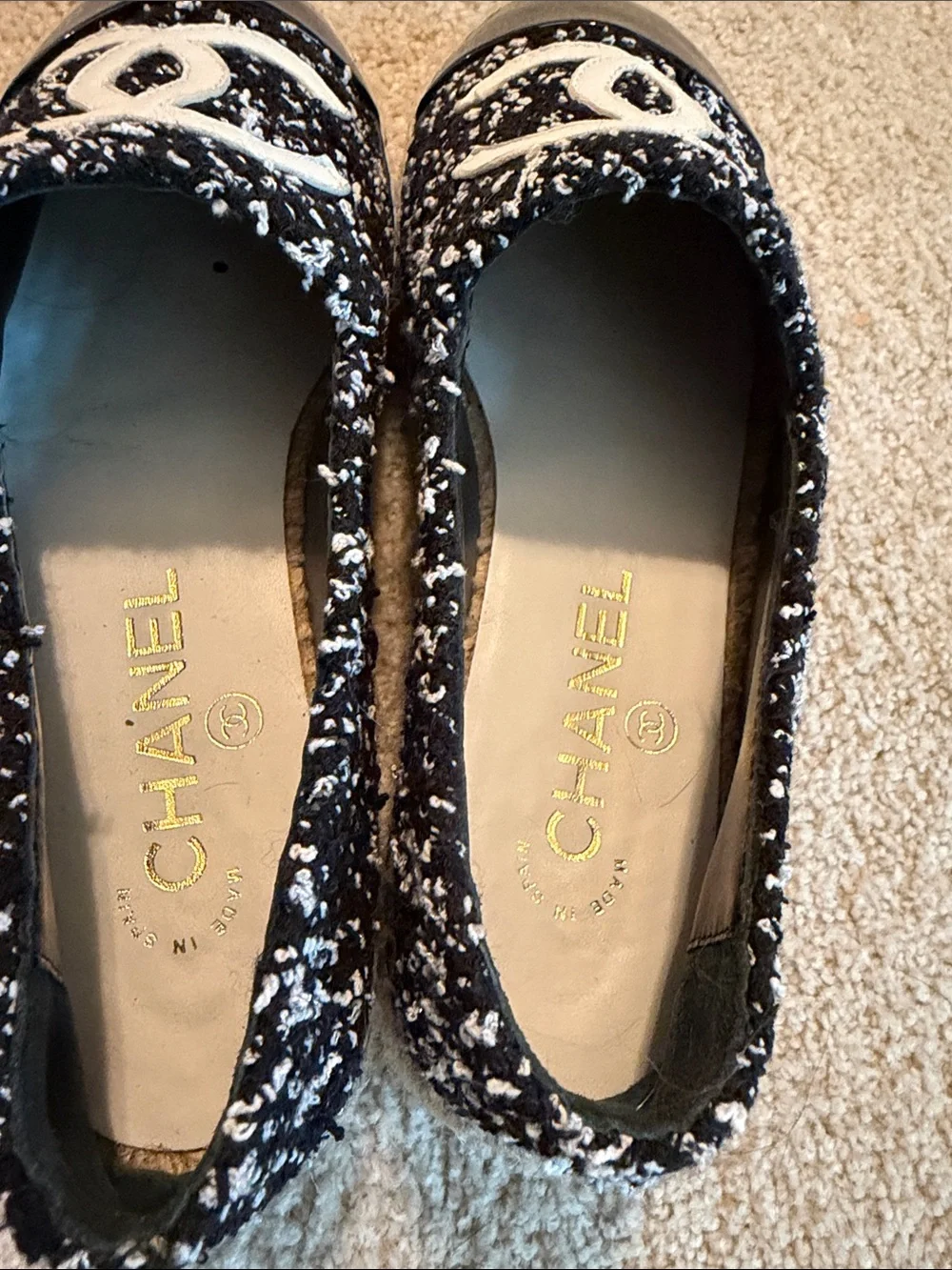 CHANEL Black & White Tweed CC Logo Slip-On Flats
